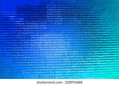Computer digital background. Hi-tech modern screen of data, digits and chars on monitor display. Shallow depth of field, selective focus effect. Code text written and created entirely by myself.