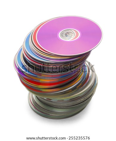 Computer Discs in a Large Leaning Stack Isolated on a White Background.
