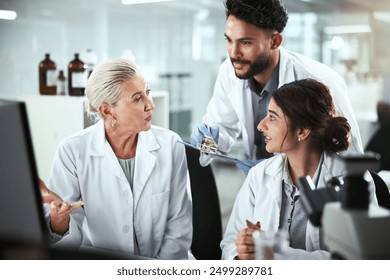 Computer, discussion and manager with scientists in lab for pharmaceutical innovation with drug trial. Research, help and mentor with biomedical students with internship for analytical chemistry. - Powered by Shutterstock