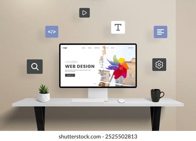 Computer display featuring web page modules flying around a web design studio page, illustrating the dynamic process of website creation. Perfect concept image for digital design and development