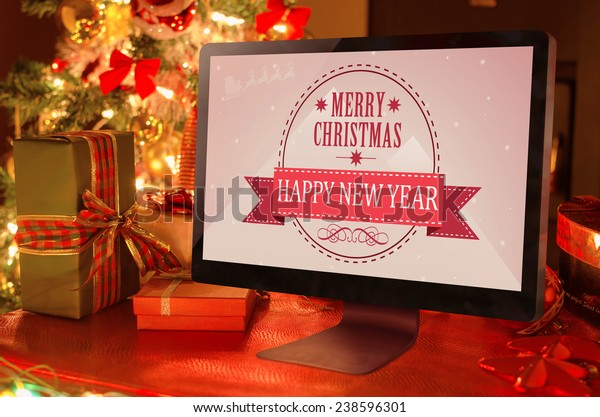 Computer Display Gifts Candles Fireplace Christmas Stock Image