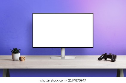 Computer Display With Isolated Screen For Mockup On Desk. Gamepad, Plant And Cube Beside. Gamer Desk Concept