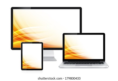 Computer Display, Laptop And Tablet With Colorful Wallpaper. Front View. Isolated On White Background