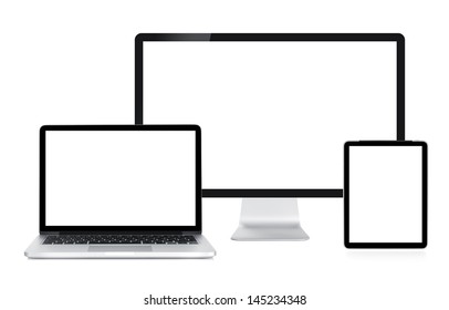 Computer Display, Laptop And Tablet. Front View. Isolated On White Background