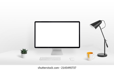 Computer display mockup on work desk. Blank, white, isolated screen for web page presentation. Clean, fla composition