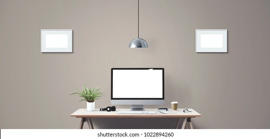 Computer Display And Office Tools On Desk. Desktop Computer Screen Isolated. Modern Creative Workspace Background. Front View.