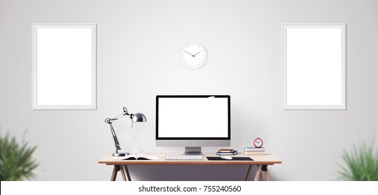 Computer Display And Office Tools On Desk. Desktop Computer Screen Isolated. Modern Creative Workspace Background. Front View.