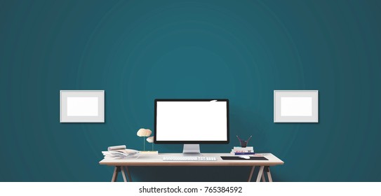 Computer display and office tools on desk. Desktop computer screen isolated. Modern creative workspace background. Front view.