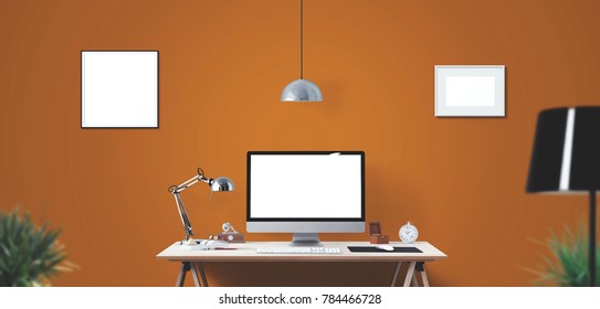 Computer display and office tools on desk. Desktop computer screen isolated. Modern creative workspace background. Front view.