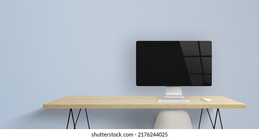 Computer display on work desk with blank screen and window reflection. Clean space for add web page presentation. Copy space beside on wall
