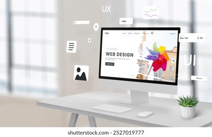 Computer display on a work desk featuring a web design studio page with floating website creation modules, surrounded by empty space for advertising text – ideal for showcasing digital design