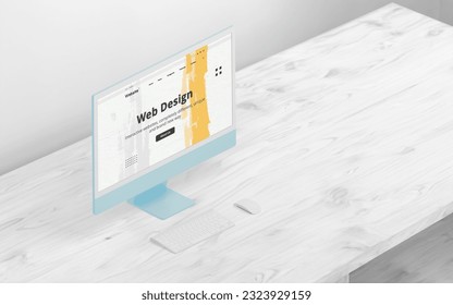 Computer display with web desing studio page on white wodden desk. Showcase composition. Modern blue display