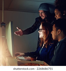 Computer, diversity and night team gesture at html code, cybersecurity system or programming app software. Information technology, developer and programmer teamwork on coding cloud computing database