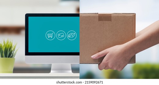 Computer With E-commerce Icons On The Screen And Courier Carrying A Box: Online Shopping And Home Delivery Concept