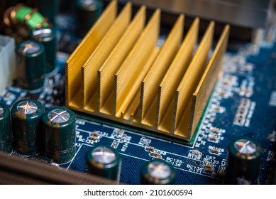 Computer electronic board with details - copper heat sink, close-up