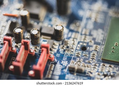 Computer electronics manufacturing industry, motherboard complex circuitry, generic circuit board electrical parts components macro, object detail, extreme closeup, shallow dof, nobody, technology