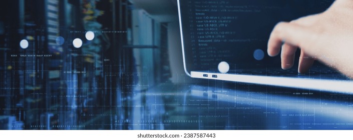 Computer engineer coding on laptop computer with server room, data center, big data storage as backgrounds, digital technology, database, IT support, internet network, digital software development - Powered by Shutterstock