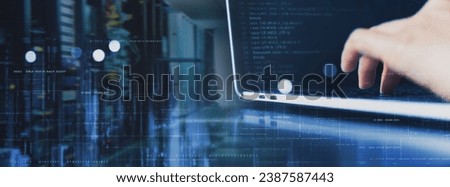 Computer engineer coding on laptop computer with server room, data center, big data storage as backgrounds, digital technology, database, IT support, internet network, digital software development