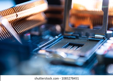 Computer engineer maintenance computer CPU hardware upgrade of motherboard component, PC repair by technician and industry support installation CPU on socket