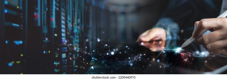 Computer engineer using digital tablet with server room, data center, big data storage as backgrounds, digital technology, database, IT support, internet network technology - Powered by Shutterstock