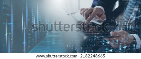 Computer engineer using digital tablet with server room, data center, big data storage as backgrounds, digital technology, database, IT support, telecommunication concept