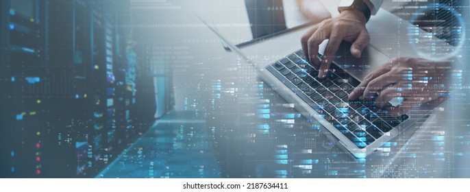 Computer engineer working on laptop computer with server room, data center, big data storage as backgrounds, digital technology, database, IT support, telecommunication, internet network technology - Shutterstock ID 2187634411