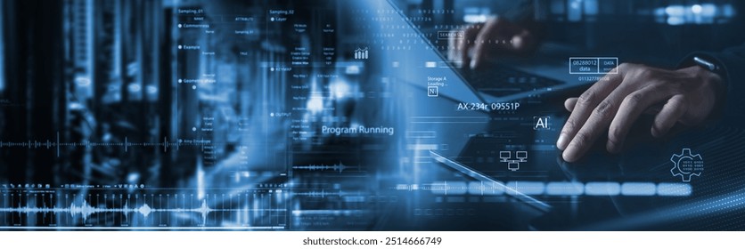 Computer engineer working on computer with server room, data center, big data storage as backgrounds, digital technology, database, IT support, AI and internet network, software technology