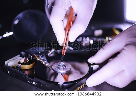 Computer equipment. Repair of PC components. Hard drive for restoration in workshop. Winchester virus recovery.