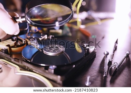 Computer equipment. Repair of PC components. Hard drive for restoration in workshop. Winchester virus recovery.