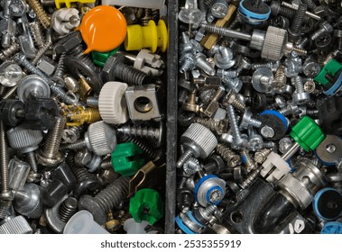 Computer fasteners hardware assorted odds and ends technology background.