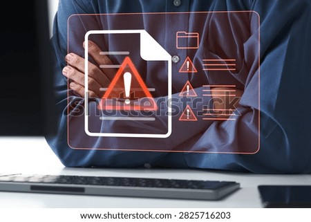 Computer file errors and problems. Unreadable file and failed data recovery. File corruption and data loss caused by ransomware or malware. Businessman with crossed arms and warning icon.