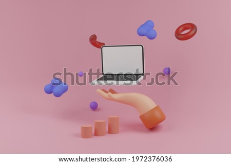 computer flying above hand with an abstract objects
