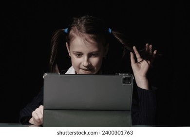Computer, game, network, digital, technology, gadget  and  internet addiction. Young beautiful girl using computer night 