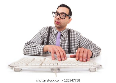 Computer Geek Portrait With Keyboard And Eyeglasses Isolated On White Background.