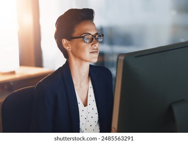 Computer, glasses and woman in office at night working overtime on investment risk report deadline. Technology, finance career and female actuary with data analysis on desktop for wealth management. - Powered by Shutterstock