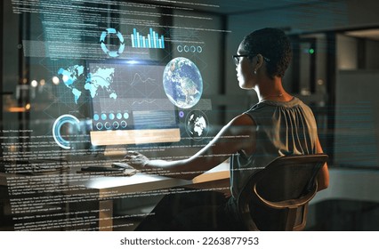 Computer, global analytics hologram or woman review finance data, stock market database or futuristic overlay. Forex investment hud, ecommerce back view or night trader trading NFT, bitcoin or crypto