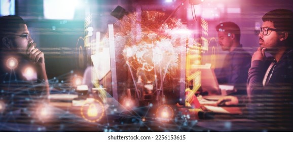 Computer, global cybersecurity and team programming software code, online website network, cloud computing database. Programming hacker, night overlay and developer coding phishing cyber security