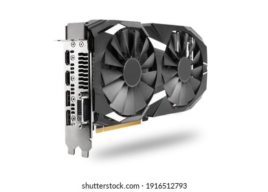 Computer Graphic Card With Two Fans. Video Card With Two Coolers From The Computer. GPU Card. IT Hardware. Crypto Currency Mining Rig With Graphics Cards. Mining Ethereum, Bitcoin And Altcoins.