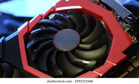 Computer Graphics Card For E-sport Gaming PC. Video Card Cooling System Fan Blades. Hardware For Cryptocurrency Mining