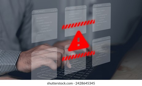 Computer hack warning,System hacked warning alert on notebook (Laptop),cyber security concept,The danger of malware viruses,ransomware virus,triangle caution warning sign notification error..