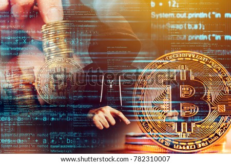 Computer hacker and Bitcoin cryptocurrency, blockchain technology and decentralized monetary system concept