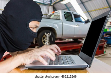 Computer Hacker, Blur Image Of Inside The Tire Shop As Background.