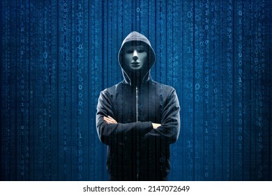 Computer Hacker in Hoodie. Obscured Dark Face. Hacker Attack, Virus Infected Software, Dark Web and Cyber Security Concept . - Shutterstock ID 2147072649