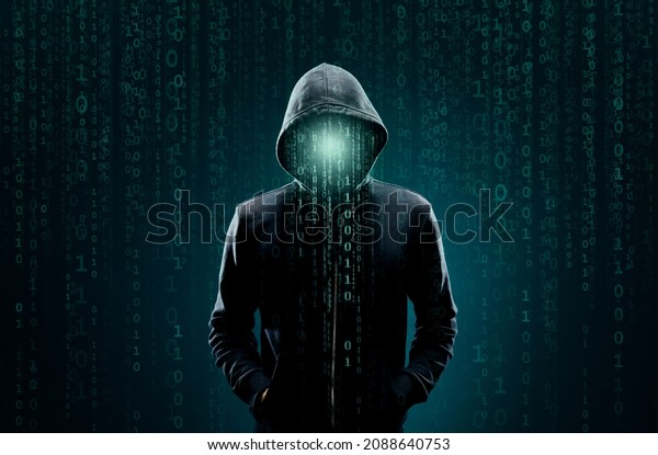 Computer hacker in\
hoodie. Obscured dark face. Data thief, internet fraud, darknet and\
cyber security\
concept.