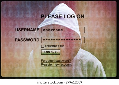 Computer Hacker Silhouette Of Hooded Man With Internet Login Screen Concept For Security, Phishing And Hacking Network Account Username And Password