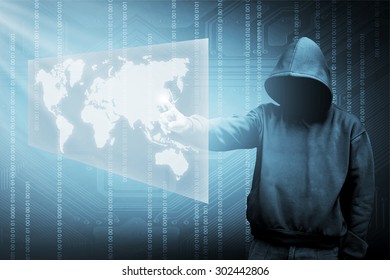 Computer hacker silhouette of hooded man with binary data and network security terms - Powered by Shutterstock