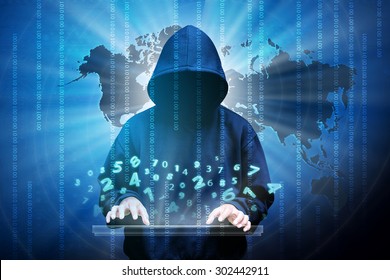 Computer hacker silhouette of hooded man with binary data and network security terms - Shutterstock ID 302442911