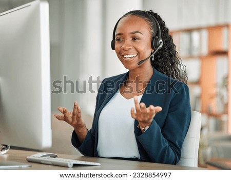 Computer, happy or black woman with headphones in call center for ecommerce or telemarketing advice. Customer service, virtual assistant or consultant with tech support headset for communication
