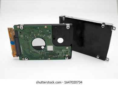 Computer hard disk drive close up isolated on white background