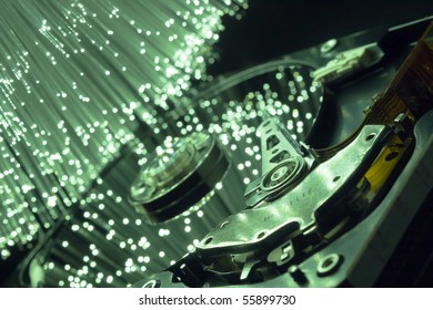Computer hard drives, optical glass illuminated.